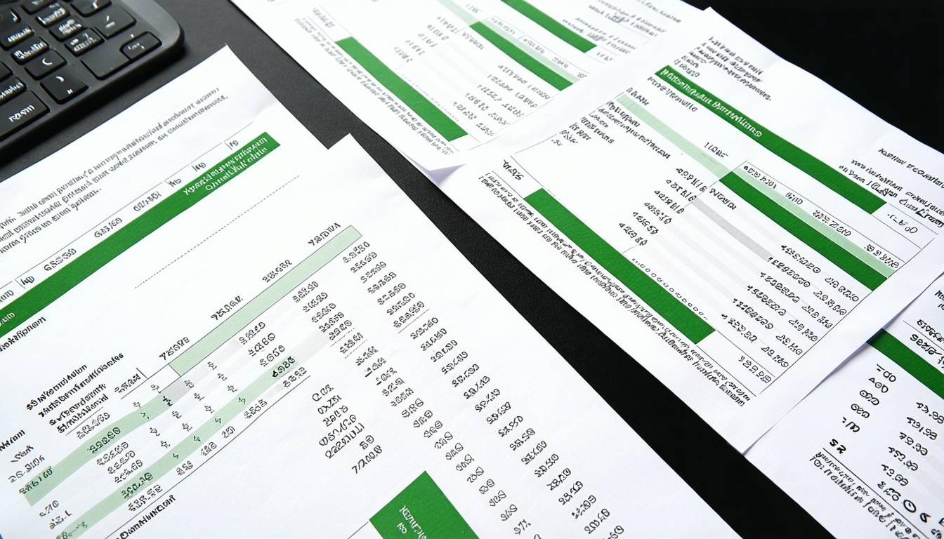 Elegant black-and-white financial documents with green accents
